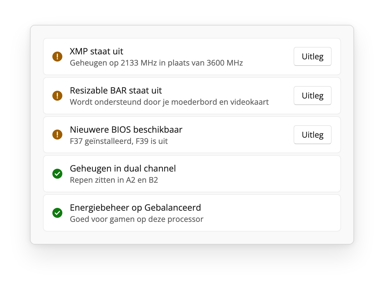 Rigwise toont gratis verbeteringen: XMP aanzetten, Resizable BAR aanzetten en de BIOS bijwerken.