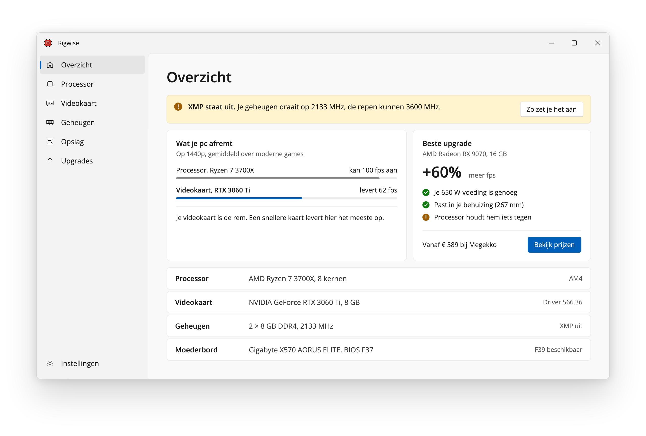 Schermafbeelding van Rigwise: het overzicht van een pc met een Ryzen 7 3700X en een RTX 3060 Ti. De videokaart remt, XMP staat uit en een RX 9070 levert 60% meer fps op.